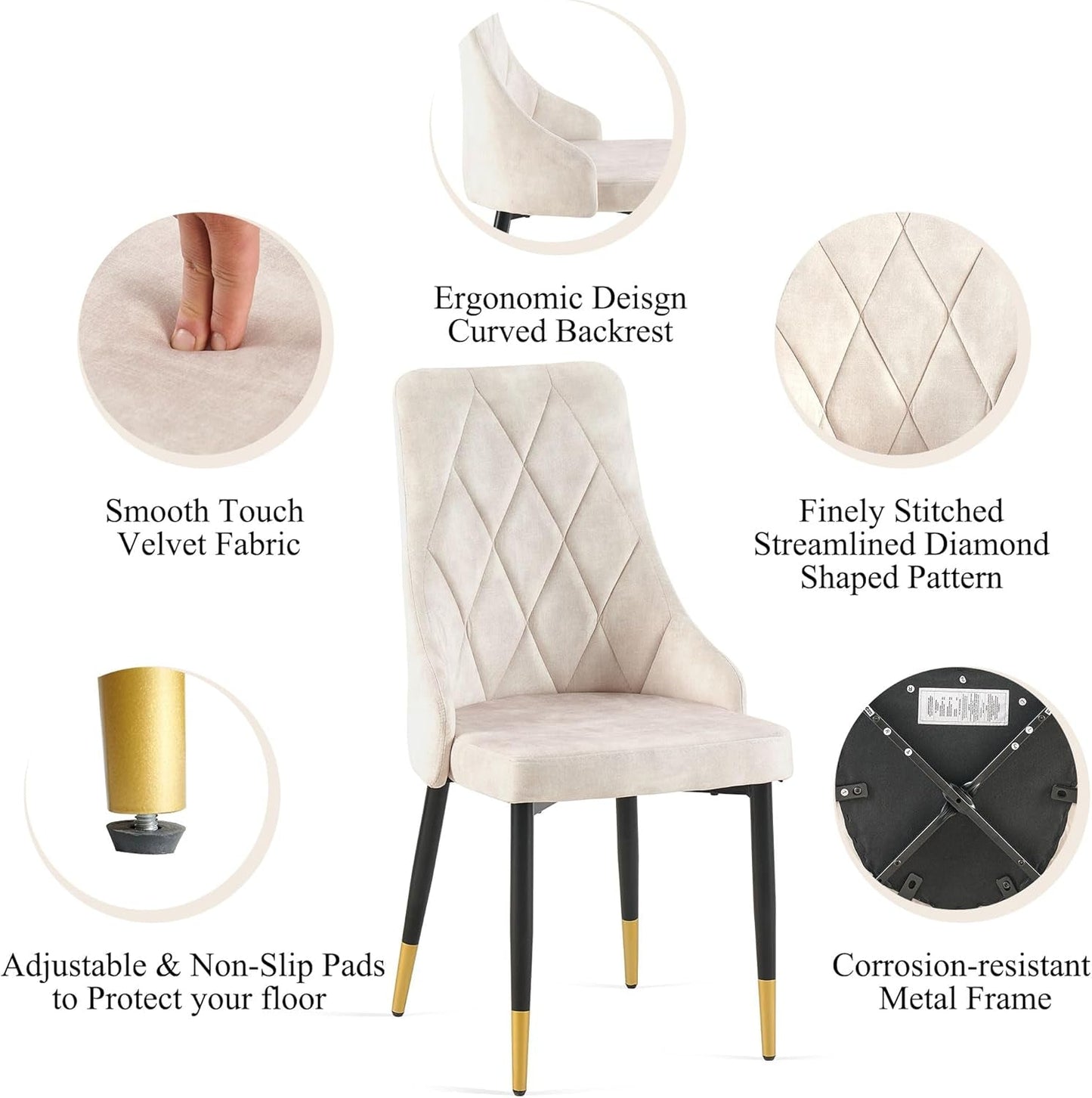 Upholstered Velvet Dining Chair Set of 4, Beige Armless Side Chair with Metal Legs for Home Kitchen-4