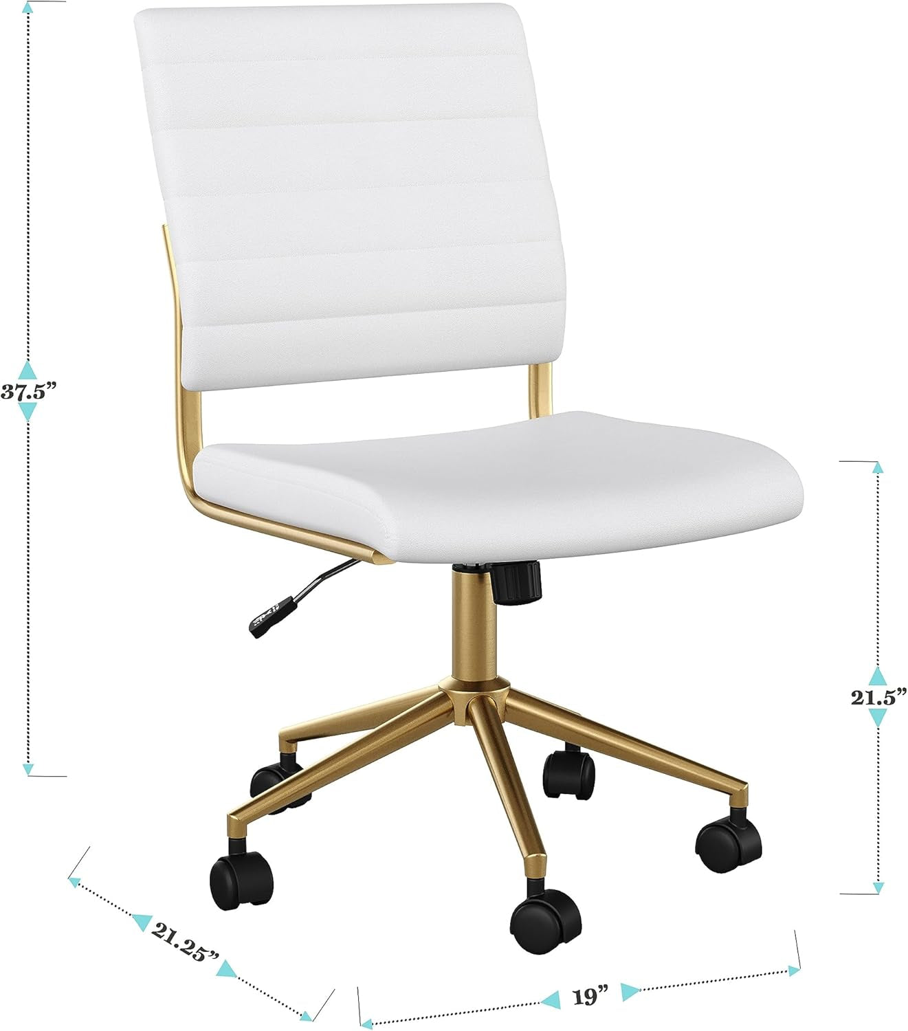 Ivy Armless Swivel Task Chair for Home Office in White Faux Leather with Polished Brass Frame-2