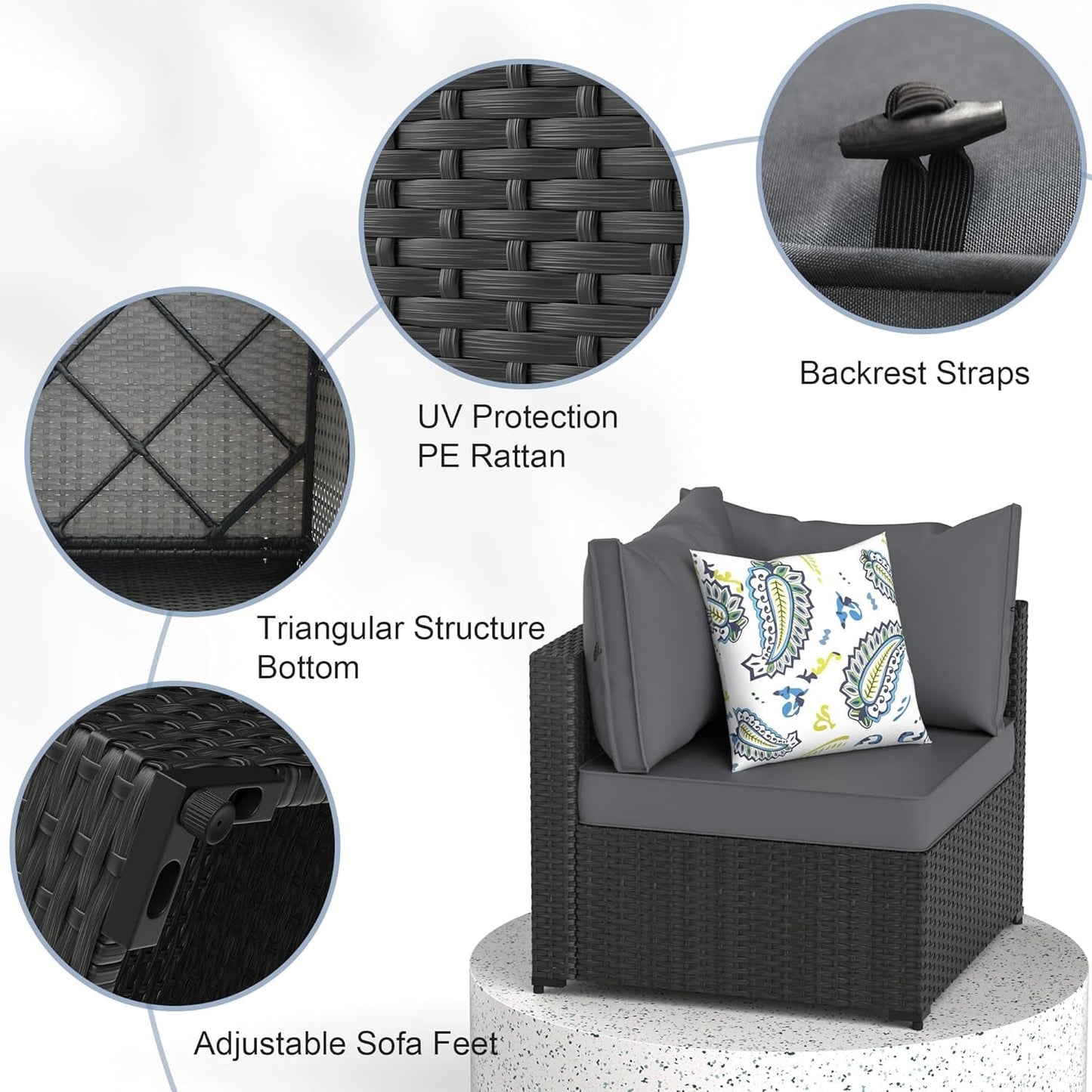 Patio Furniture Set, 5PCS Outdoor Conversation Sets Waterproof Rattan Sectional Sofa with 4” Thickened Cushion Modular Wicker Patio Furniture Set with Glass Top Table for Balcony, Backyard (Grey)-3
