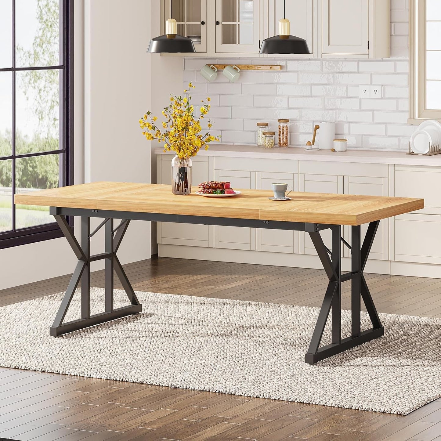 Farmhouse Dining Table for 6 People, 70.8-Inch Rectangular Wood Dining Table, Rustic Kitchen Table with Heavy Duty Metal Legs for Dining Room-2