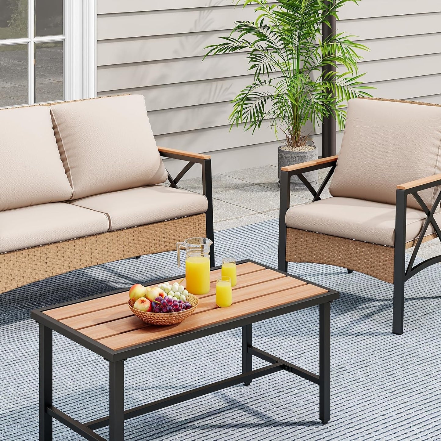 4-Piece Patio Wicker Furniture Set with Wood Armrest, All Weather Rattan Conversation Furniture Sets for Backyard, Balcony, Deck W/Soft Cushions and Plastic Wood Table (Light Brown+Beige)-4