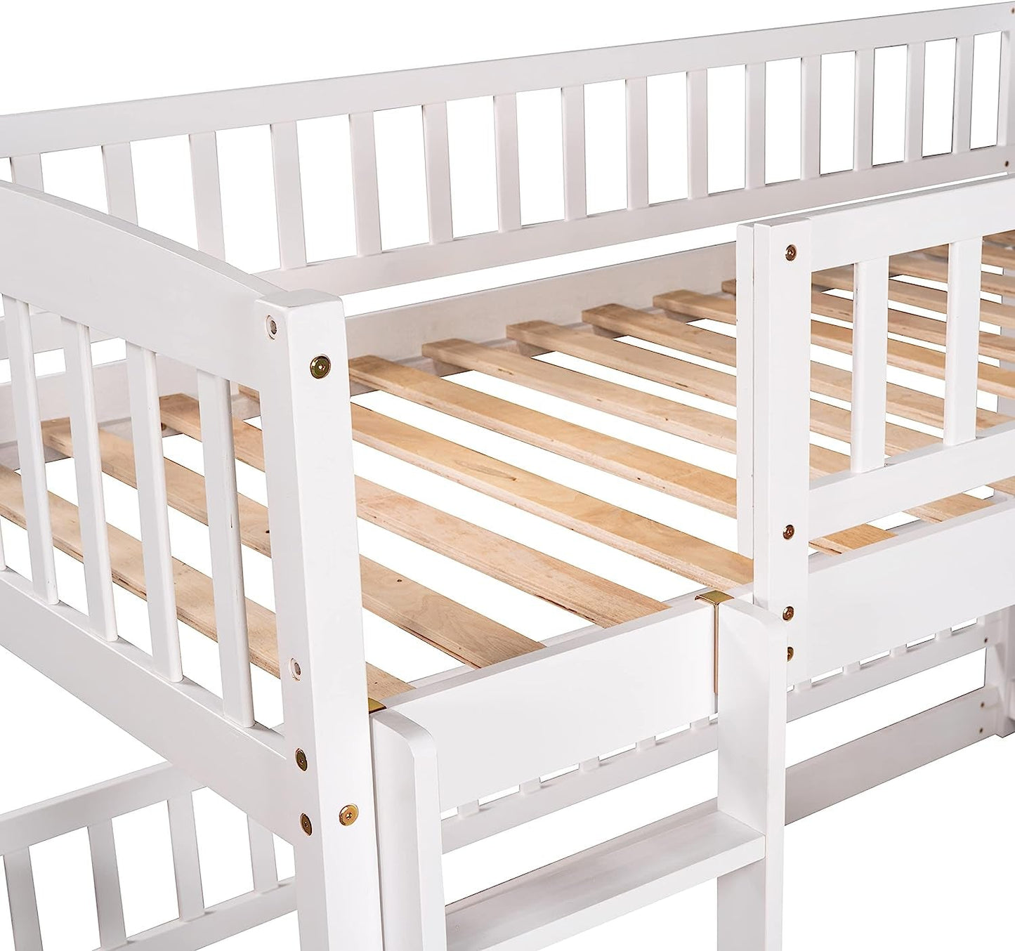 Twin Low Bunk Bed with Openable Fence and Slide, White-1