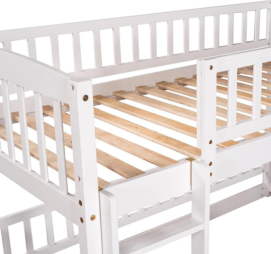 Twin Low Bunk Bed with Openable Fence and Slide, White-1