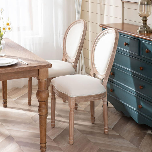French Country Dining Chairs Set of 6, Farmhouse Dining Chairs with round Backrest, Mid Century Upholstered Dining Chairs with Solid Wood Leg for Dining Room Bedroom Kitchen Restaurant (Beige)-1