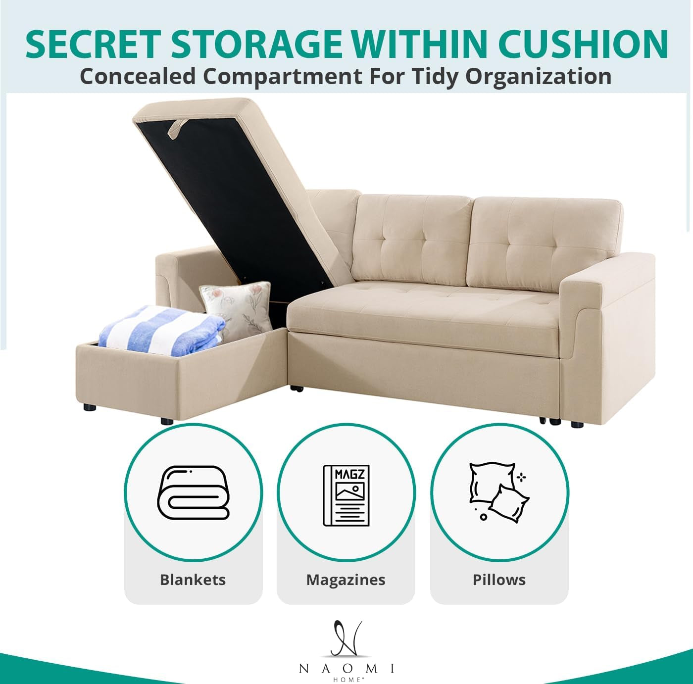 Jenny Sectional Sofa Sleeper with Storage Chaise, Tufted Pull Out Couch with Storage, Sectional Sofa Bed, L-Shaped Reversible Sleeper Sofa with Storage, Beige,Velvet-4