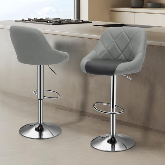 Bar Stools Set of 2 for Kitchen Counter, Height Adjustable Swivel PU Leather Barstools, Modern Bar Chair with Back and Footrest, Grey-1