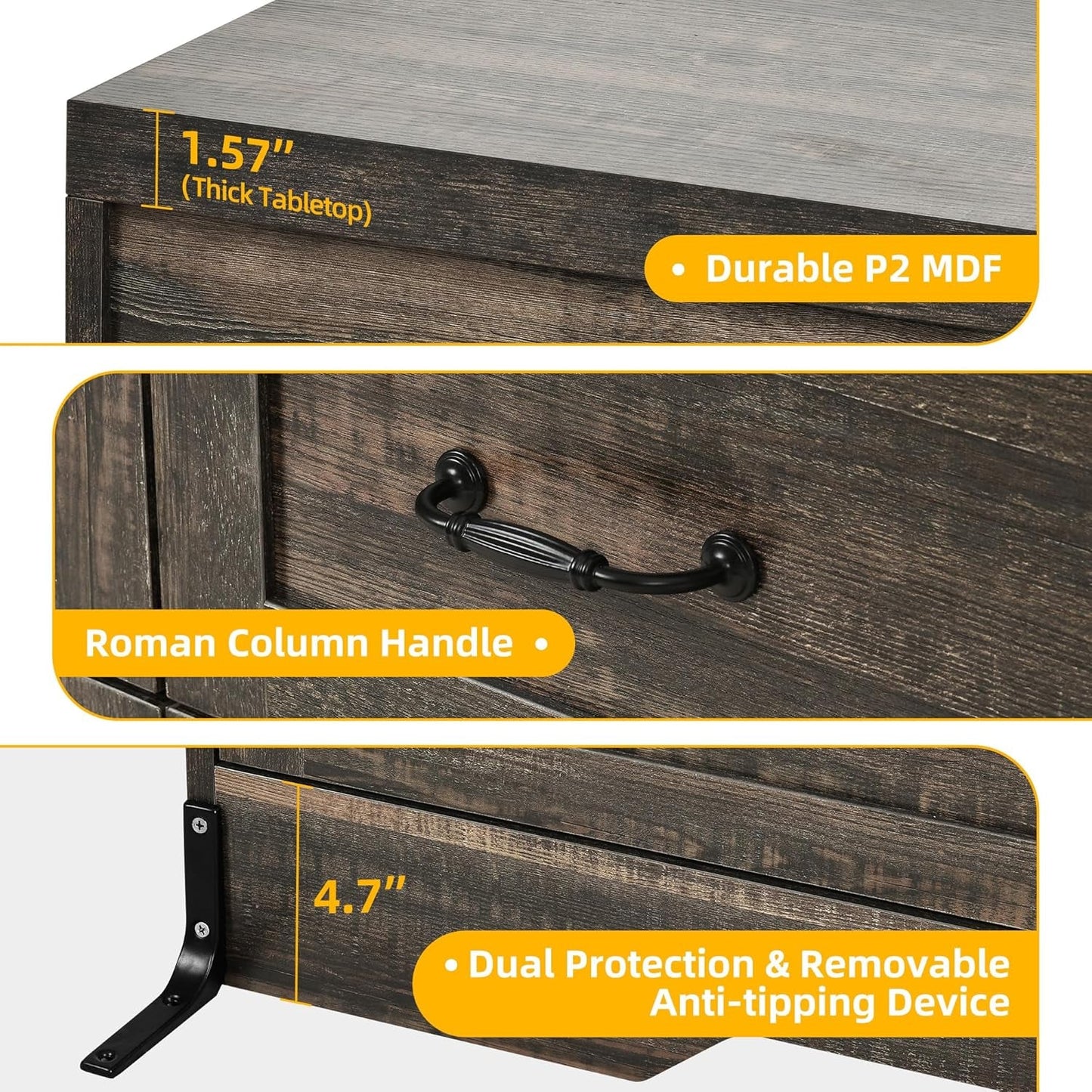 Rustic Oak Drawers TV Stand for 65 Inches with Power Outlets -Chest of Drawers Dresser with Side Organizer Bag Entertainment Center TV Console-4