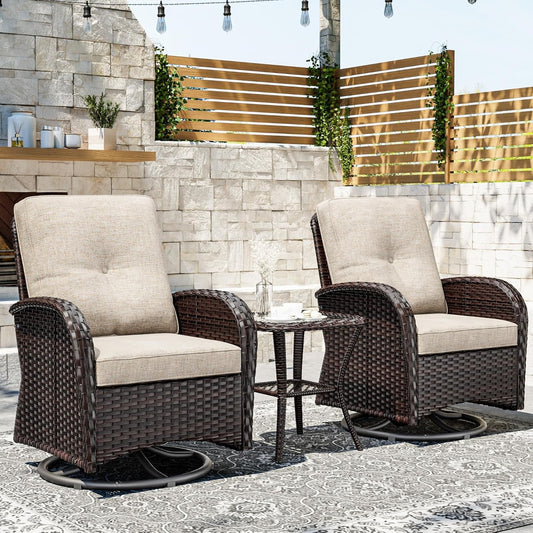 Outdoor Swivel Rocker Chairs, 3 Piece Wicker Patio Set with Thick Cushion and Side Table, Rattan Patio Swivel Rocking Chairs for Porch, Deck Use (Brown/Beige, 3 PCS)-1