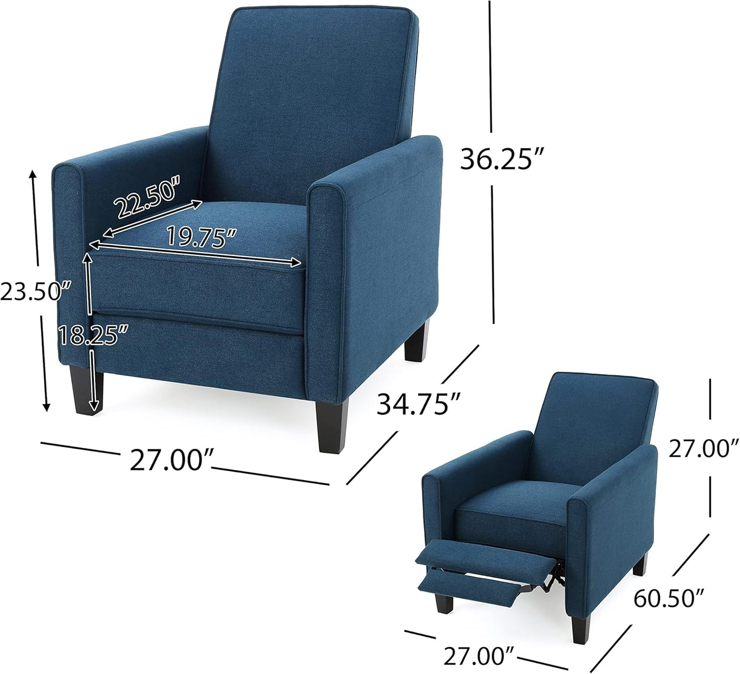 Emmie Fabric Recliner (Set of 2), Navy Blue, Dark Brown-2
