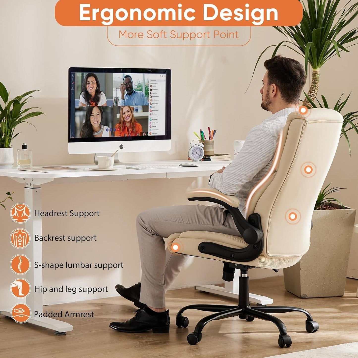Computer Gaming Chair, Ergonomic Office Chair High Back Heavy Duty Task Desk Chair with Flip-Up Arms, PU Leather, Adjustable Swivel Rolling Chair with Wheels, Cream-4