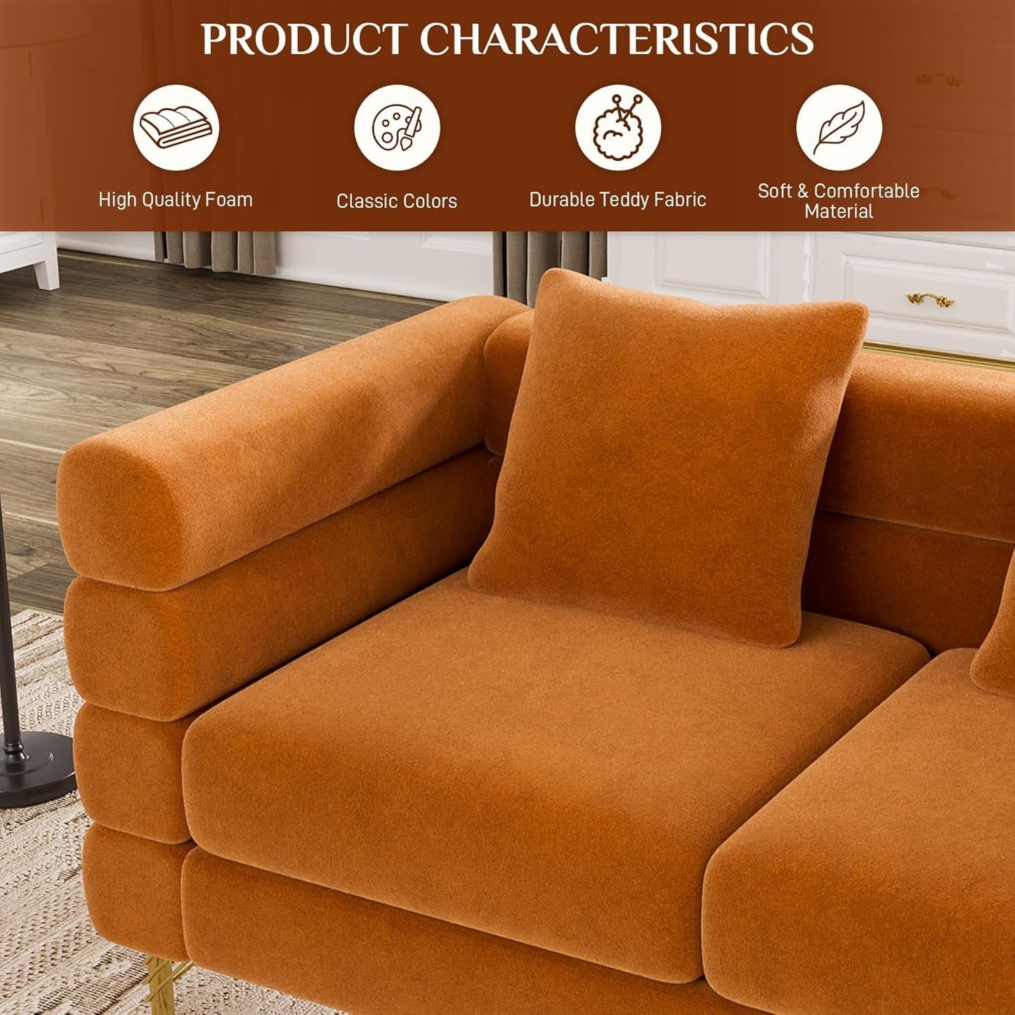 Living Room Sofa Couch and Loveseat Set, Modern Comfy Velvet Deep Seat Cloud Couch with 5 Pillows, Oversized Sofa Furniture Sets for Living Room Bedroom, Orange Velvet-3