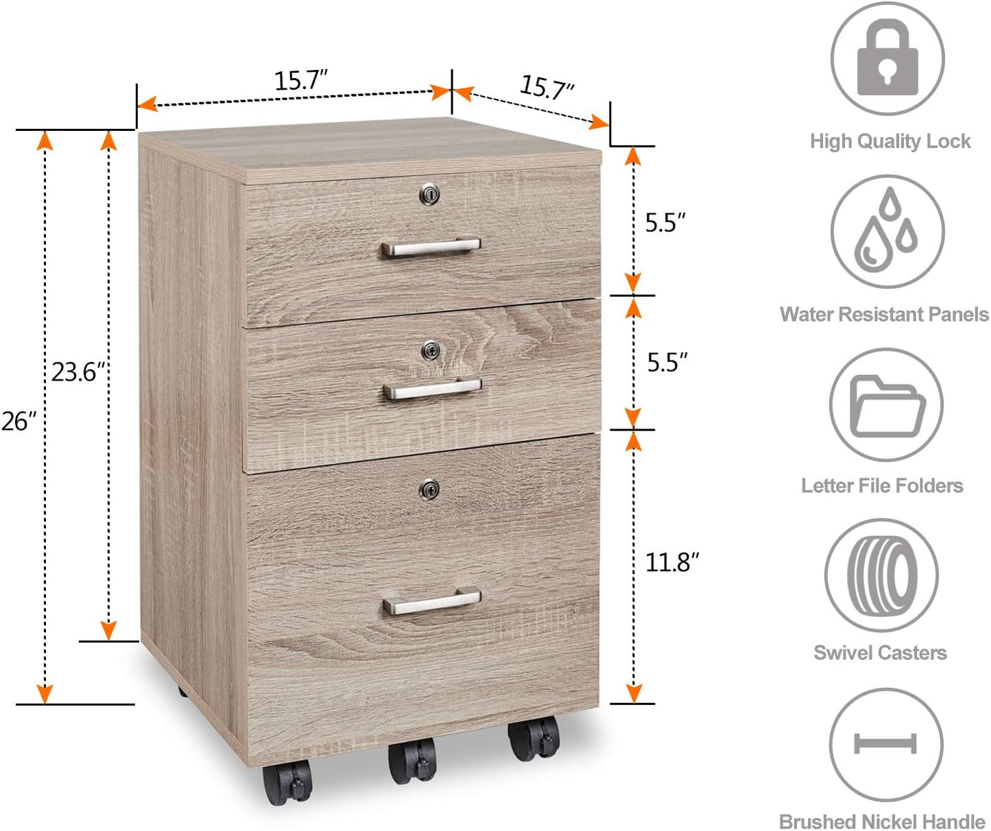 26"H 3 Drawer File Cabinet with Lock, Rolling File Cabinet under Desk, Mobile File Cabinets for Home Office, Wood File Cabinet Printer Stand for Letter Size File Folders, Assembly Required, Oak-2