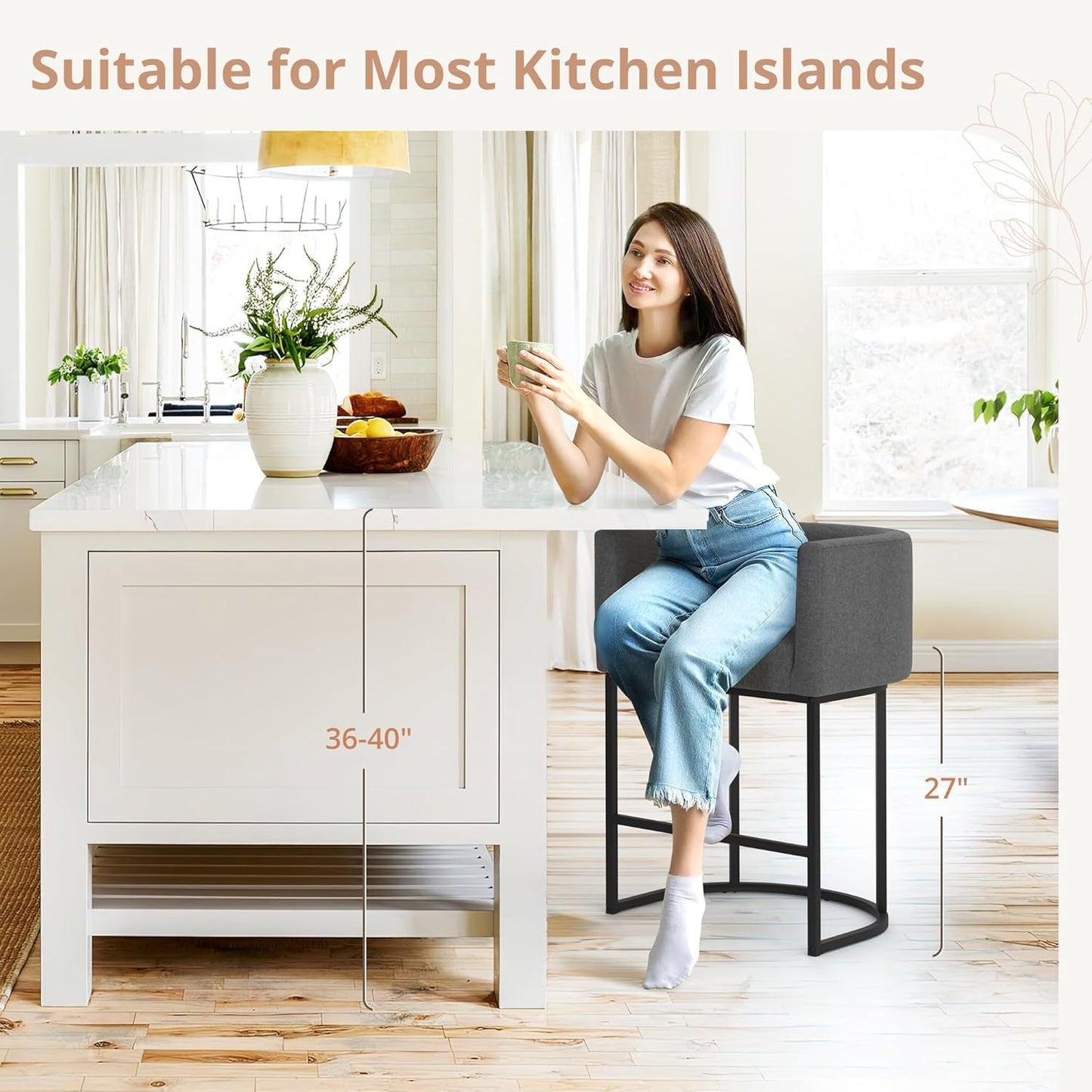 27" H Counter Height Bar Stools, Modern Barrel Counter Stools with Backrest and Arms, Black Metal Frames, Linen Fabric Upholstered Accent Barstools for Kitchen Island, Carbon Gray-2