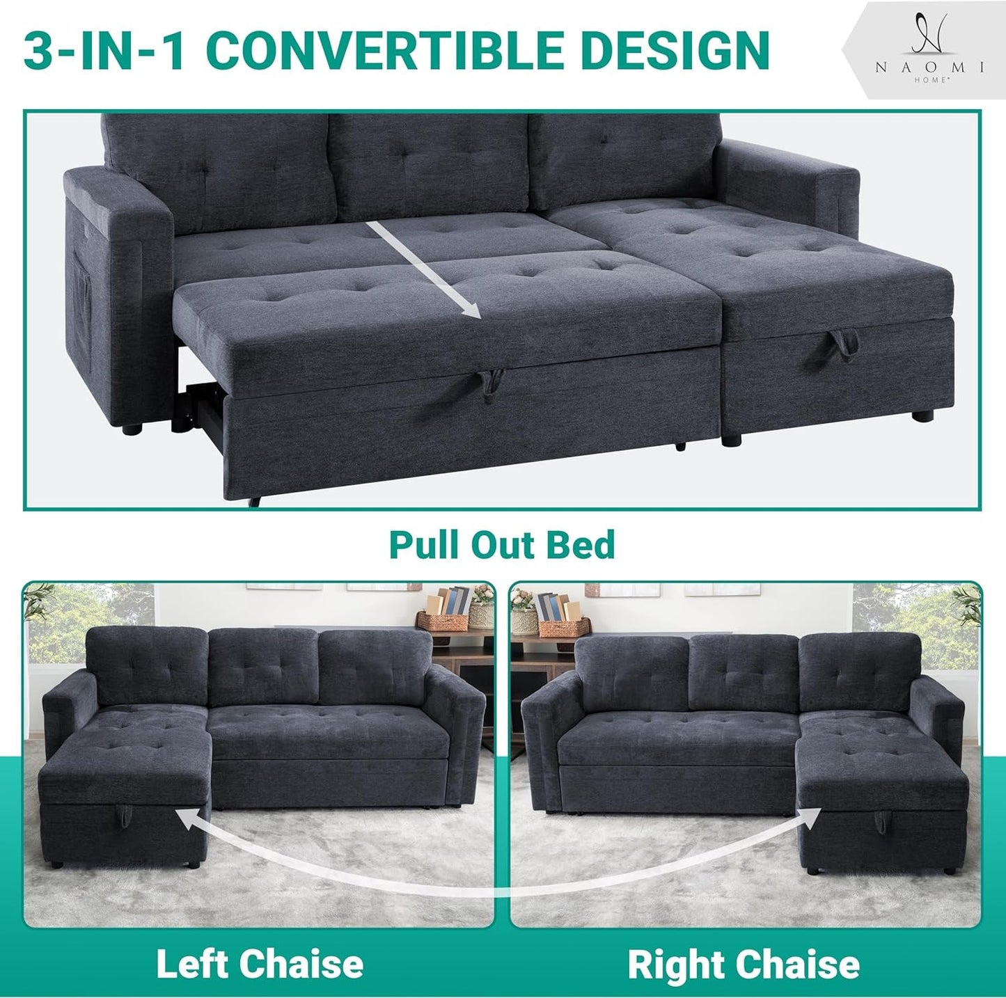 Gray Microfiber L-Shape Sleeper Sofa USB Ports Storage-3