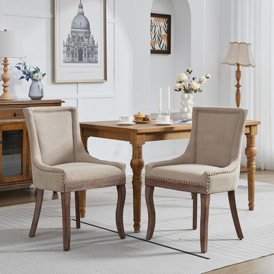 Modern Dining Chairs Set of 2, High Back Dining Chairs Side Chairs with Solid Wood Legs, Upholstered Fabric Dining Room Chairs for Dining Room Kitchen, Beige-1