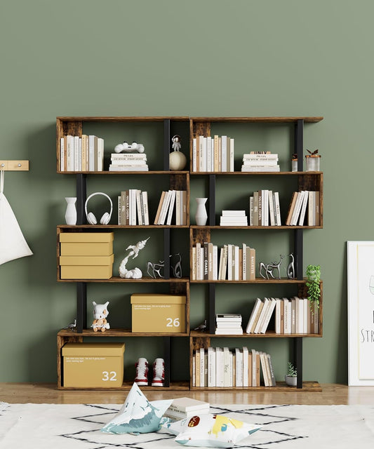 5-Tier Geometric Bookcase,S Shaped Bookshelf, Wood Decorative Storage Shelving, Modern Freestanding Display Shelves, Tall Book Shelf Unit for Living Room Bedroom, Rustic Brown-1