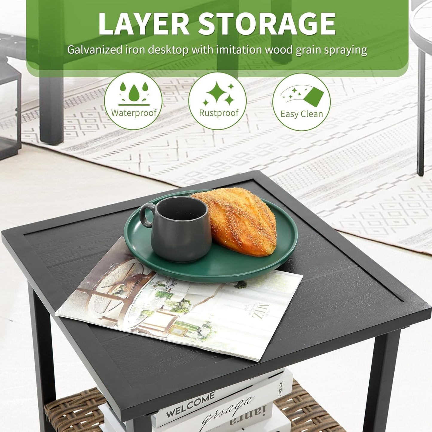 Outdoor Rocking Chair Set with Cushions and 2-Tier Coffee Table, Rattan Wicker 3 Pieces Patio Bistro Furniture Sets for Garden, Porch, Balcony, Backyard Grey-4