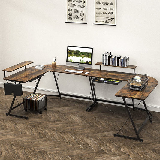 Vista L-Shape Desk with Monitor Stand, Rustic Brown-1