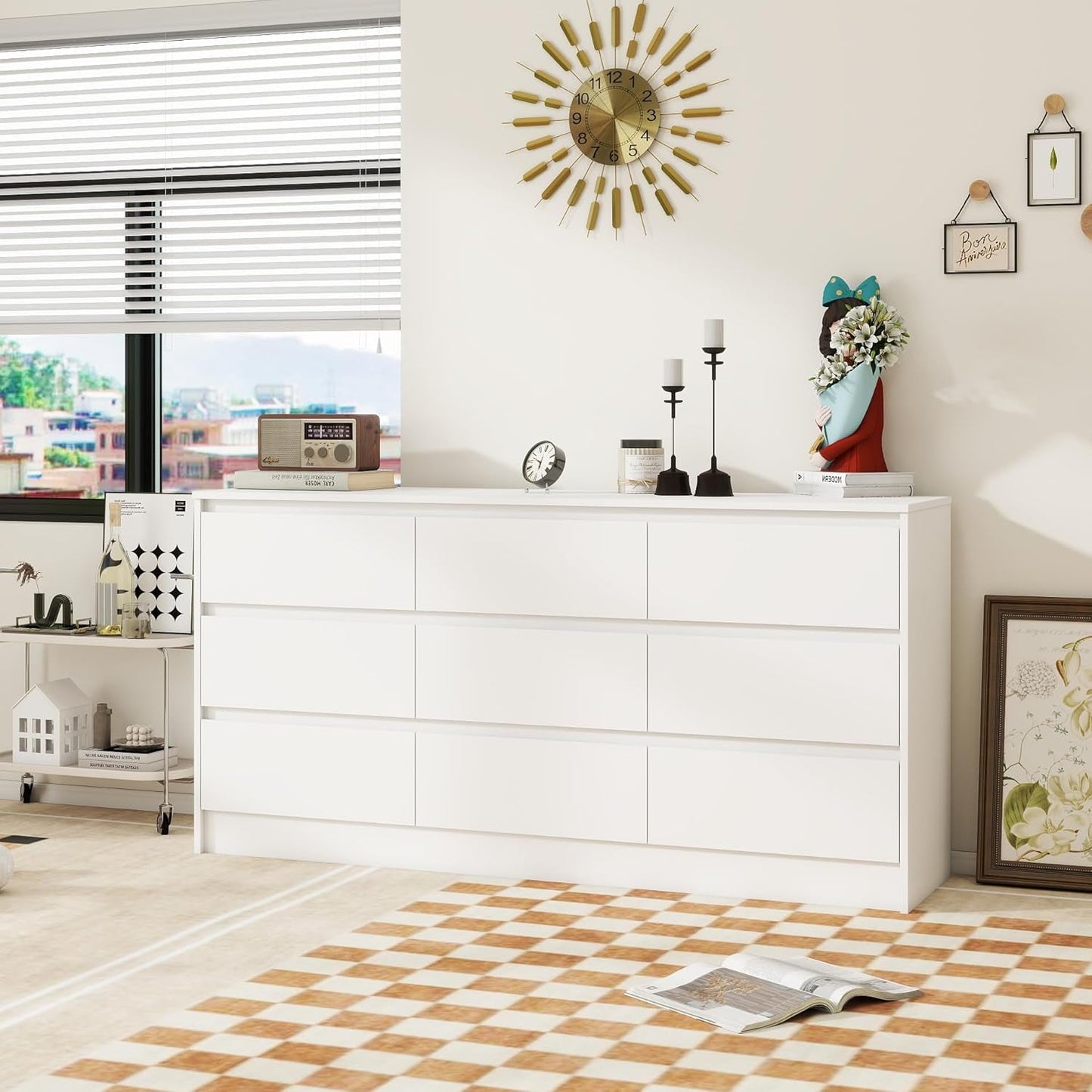 Modern 9 Drawer Wood Dresser for Bedroom, Large Floor Storage Drawer Cabinet Lateral Chest of Drawers Handle Free Organizer for Closet Living Room (White, 9 Drawer)-4