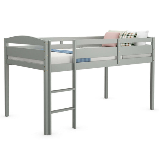 Wooden Twin Low Loft Bunk Bed with Guard Rail and Ladder-1