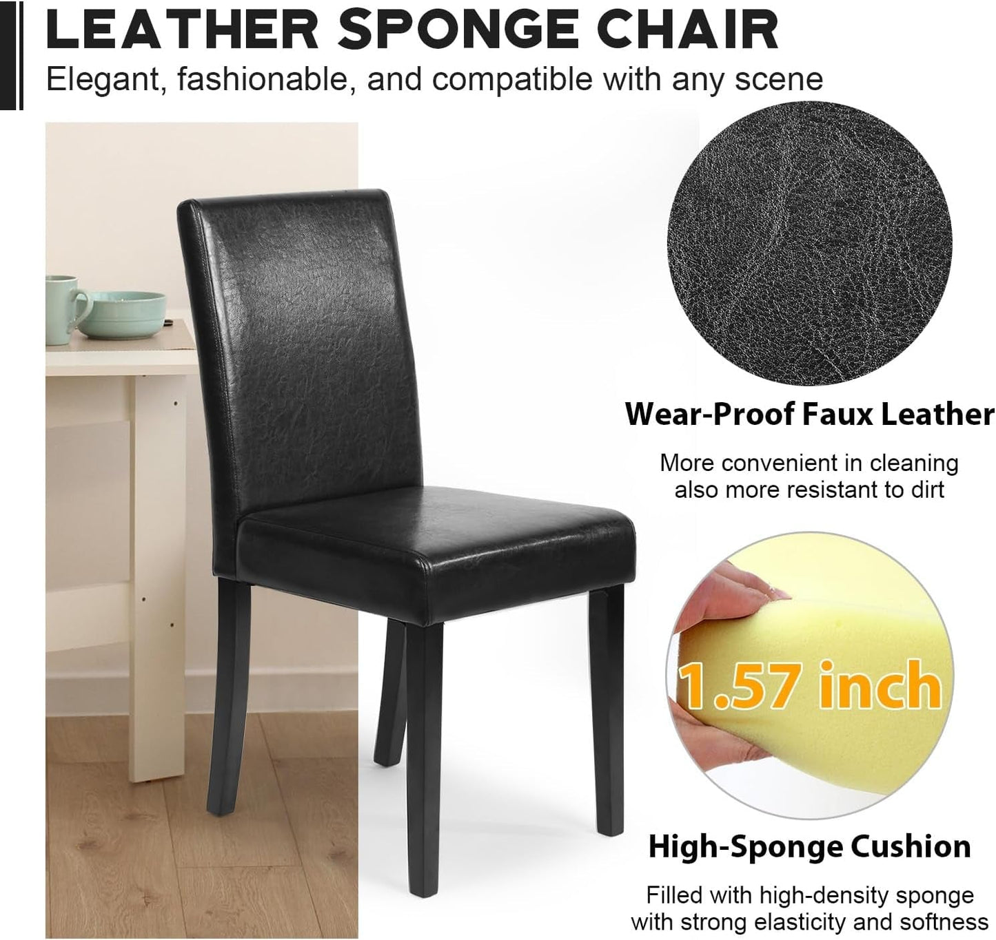 Dining Chairs Set of 4,Dining Room Chairs,Side PU Cushion Chairs with Waterproof Surface and Wood Legs,For Kitchen Restaurant and Living Room,Leather Black-3
