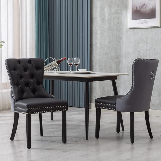 Black and Dark Grey Velvet Dining Chairs Set of 6 with Nailhead Trim and Pull Ring-1