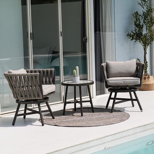 Dining Chair Set of 3, Swivel Rope Armchairs with Cushions and round Side Table with Tile Tabletop, Wicker, Indoor Outdoor Modern Style, Backyard, Balcony, Gray-1
