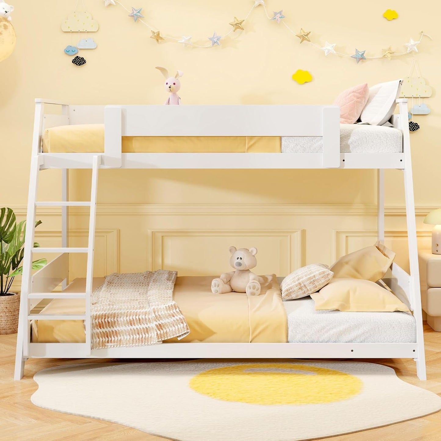 Wood Bunk Beds Twin over Full Size, Solid Wood Floor Low Bunk Bed W/Removable Ladder & Full-Length Guardrails, Low Profile Full Size Bunk Bed for Kids, Teens, Juniors, Small Spaces (White)-2