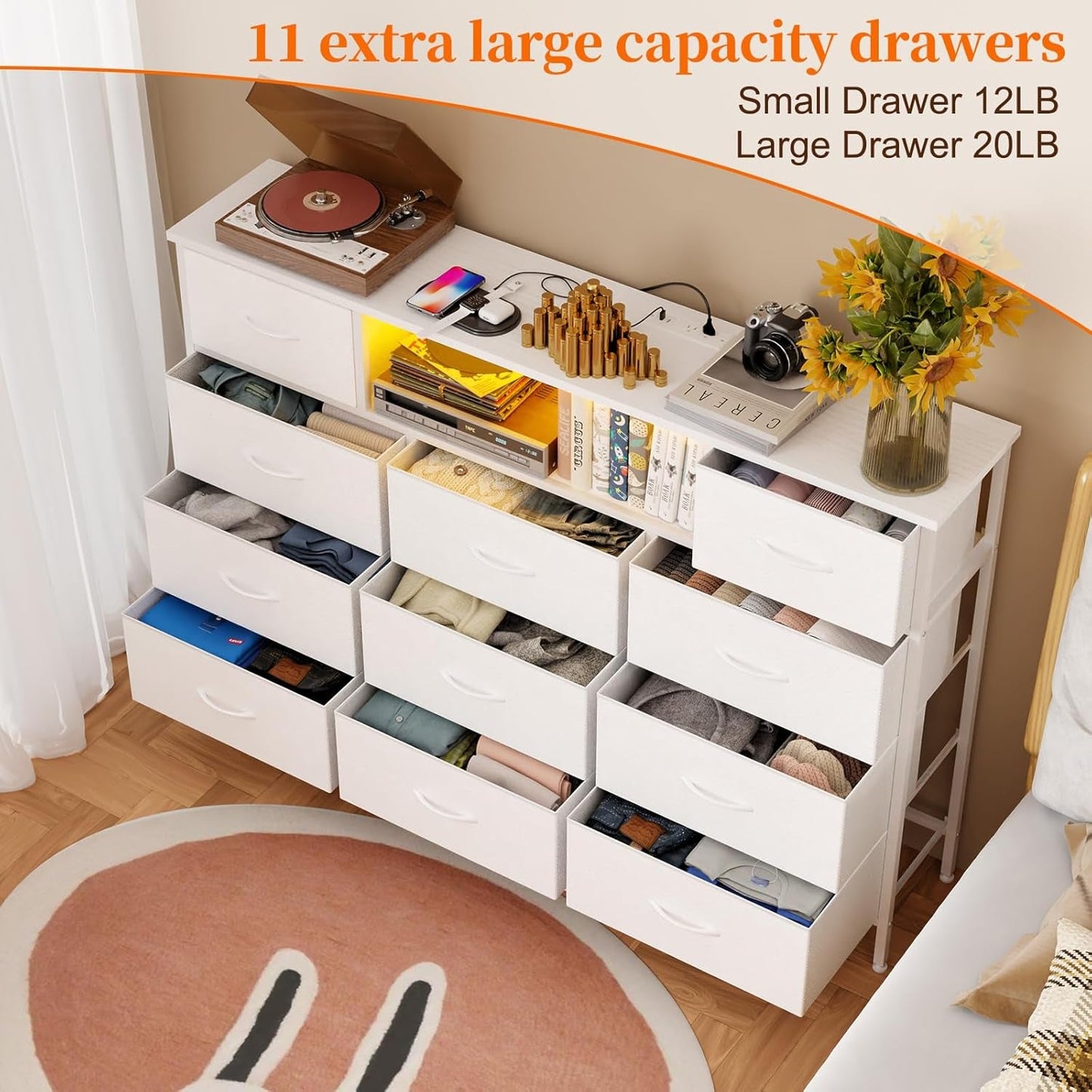 Long Dresser for Bedroom with Charging Station and LED Lights, White Dresser TV Stand with 11 Drawers, Fabric Chest of Drawers with PU Finish for Bedroom, Living Room, Entryway-4