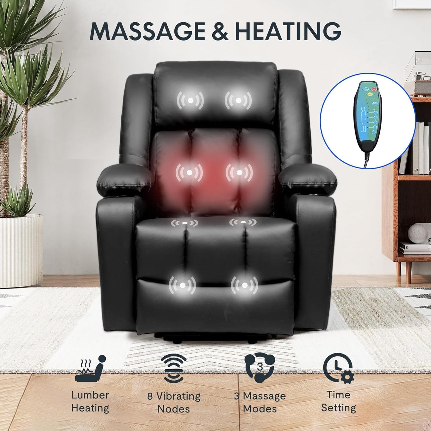 XL31 Power Lift Recliner Chair for Elderly, Oversized Electric Leather Lift Chair with Cup Holders, Side Pockets, Massage Reclining Chair Sofa for Living Room Bedroom (Black)-4