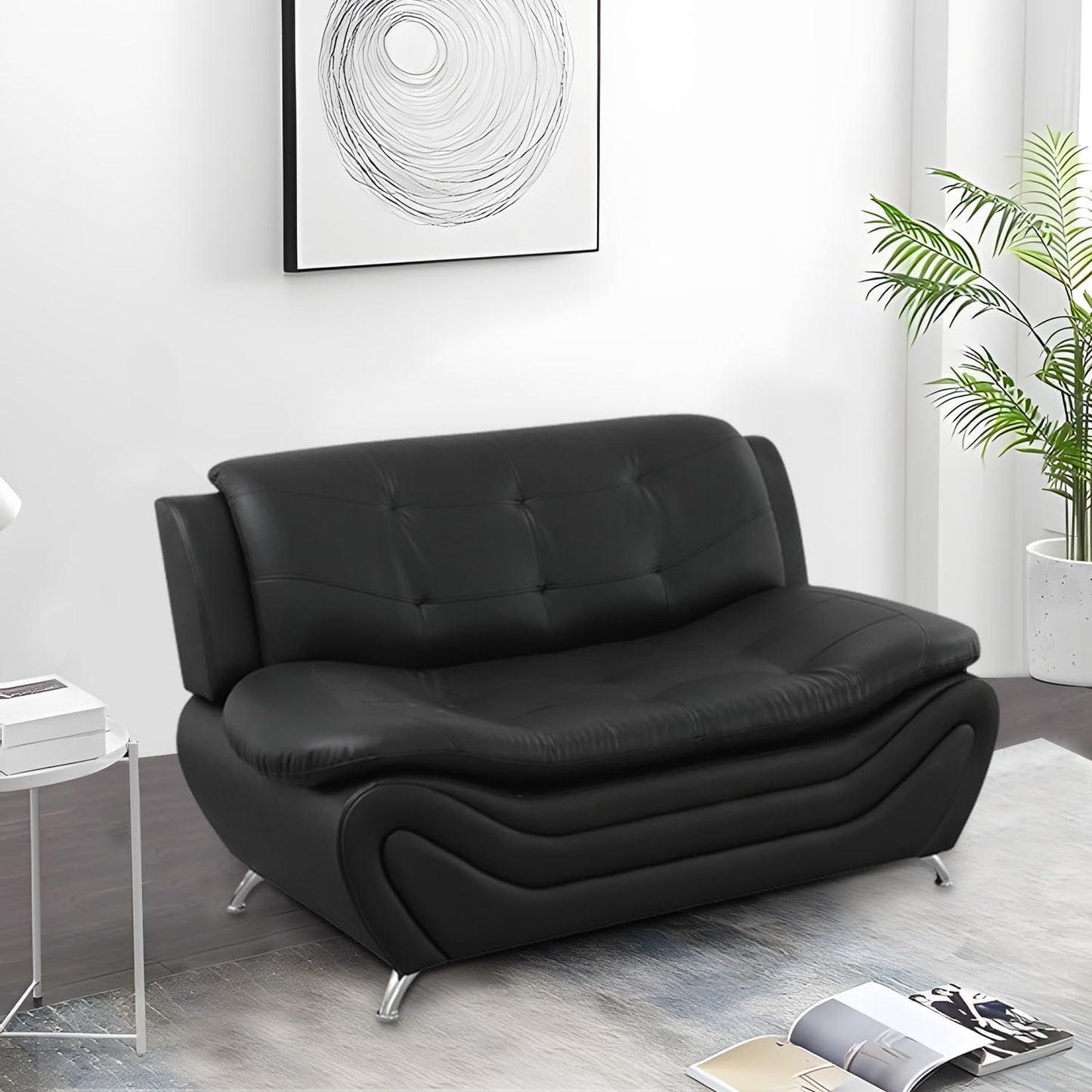 3 Piece Living Room Furniture Set, Leather Sofa Set for Living Room, Modern Couch Set with 3-Seater Sofa, Lovesat and Armchair (Black 1)-4