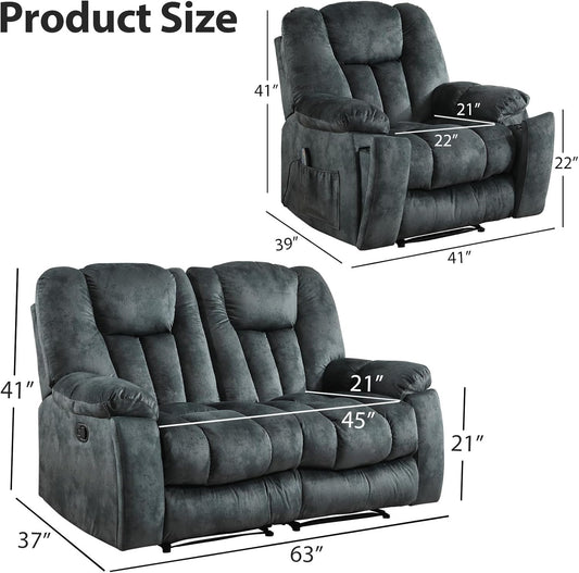 Reclining Living Room Set, Soft Fabric Manual 2 Piece Recliner Sofa Set, Included Recliner Chair with Massage and Heat and Loveseat Daul Recliner, Green Grey(Recliner+Loveseat)-1