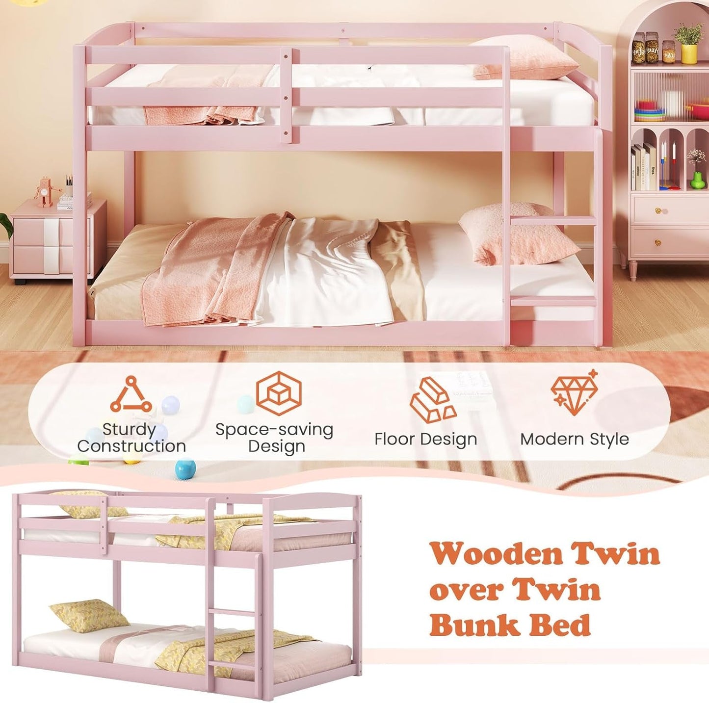 Low Bunk Bed, Solid Wood Bunk Beds Twin over Twin with Ladder, Space Saving Bunkbeds Frame W/Full Guardrails, Twin Floor Bunk Beds for Kids Boys Girls Teens, No Box Spring Needed (Pink)-2
