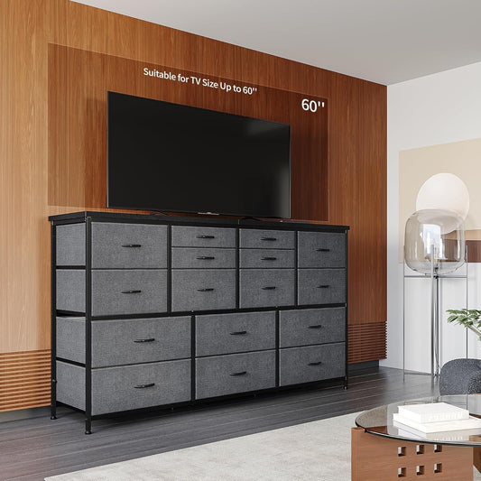 TV Stand Dresser 60''TV Stand with Charging Station TV Stands for Living Room Long Dresser for Bedroom TV Stand with 16 Drawers Storage TV Stand for Bedroom Dresser 51.1''W*11.8''D*34.8''H-1