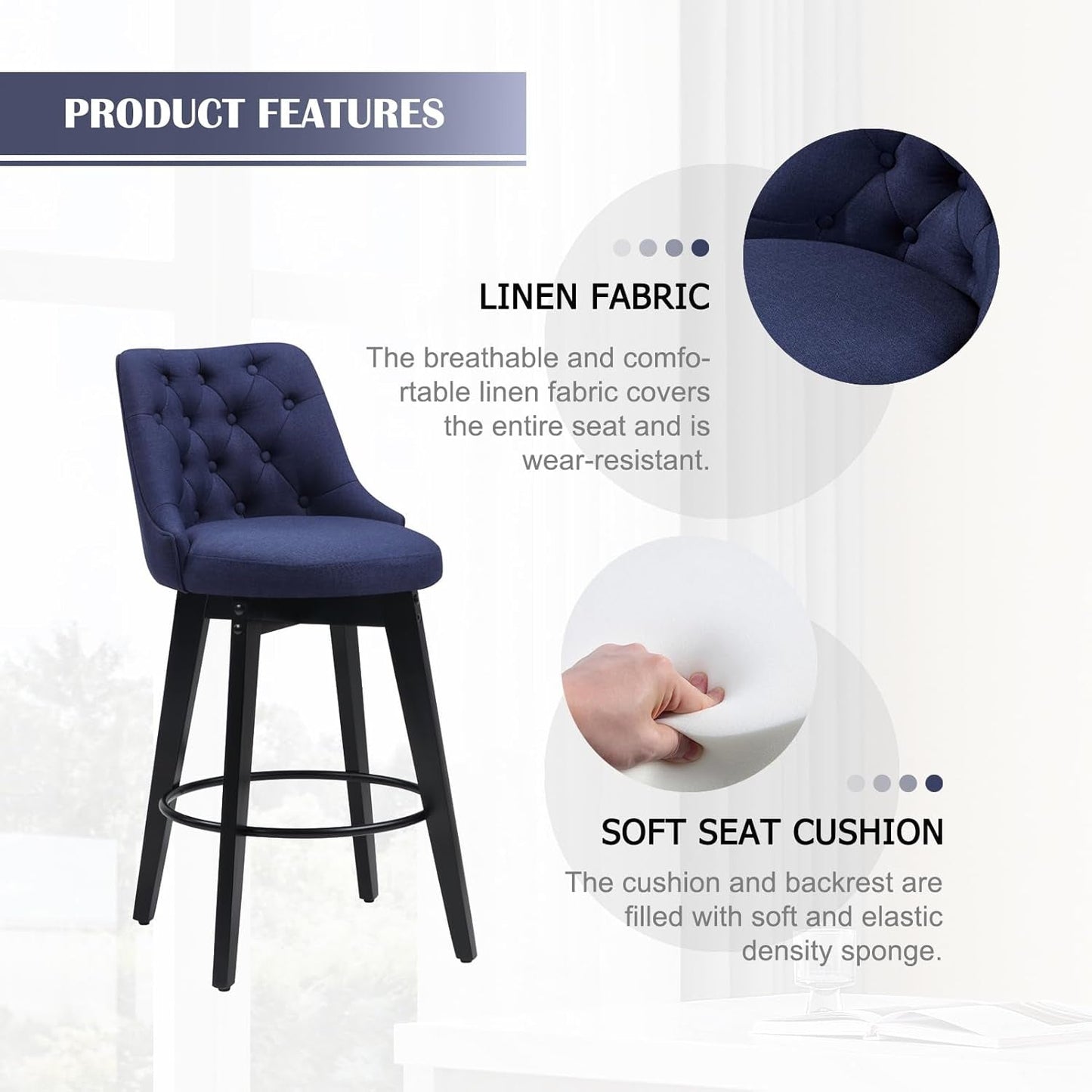 Bar Stools Set of 2, Swivel Barstools with Backs and Wood Legs, 27" Linen Fabric Upholstered Bar Chairs for Kitchen Island, Dining, Cafe, Pub(Blue)-4