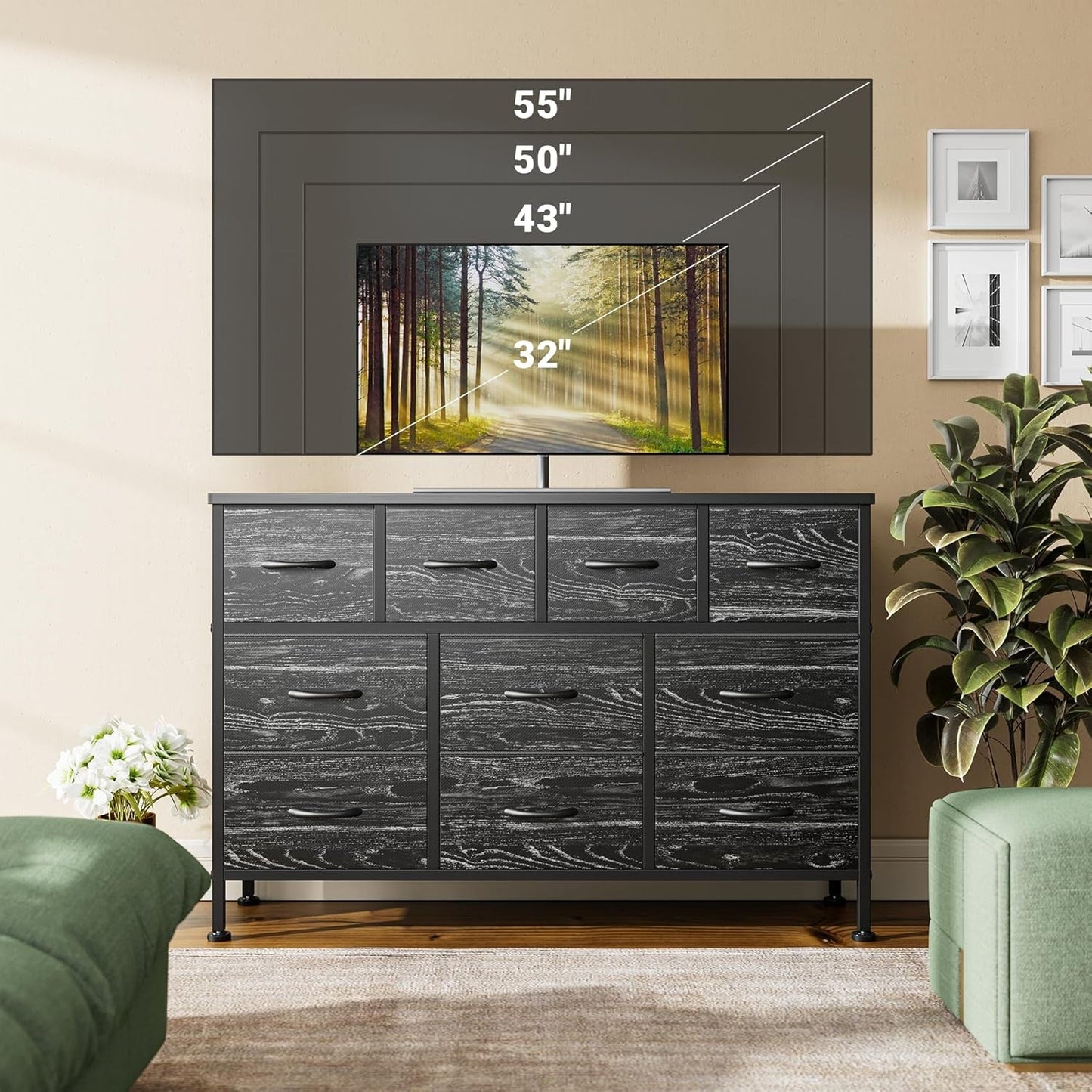 Dresser for Bedroom 10 Drawer Dresser TV Stand with Power Outlet, Entertainment Center Chest of Drawers for 55 Inch TV, Black Fabric Dresser for Bedroom Living Room Hallway Closets-4
