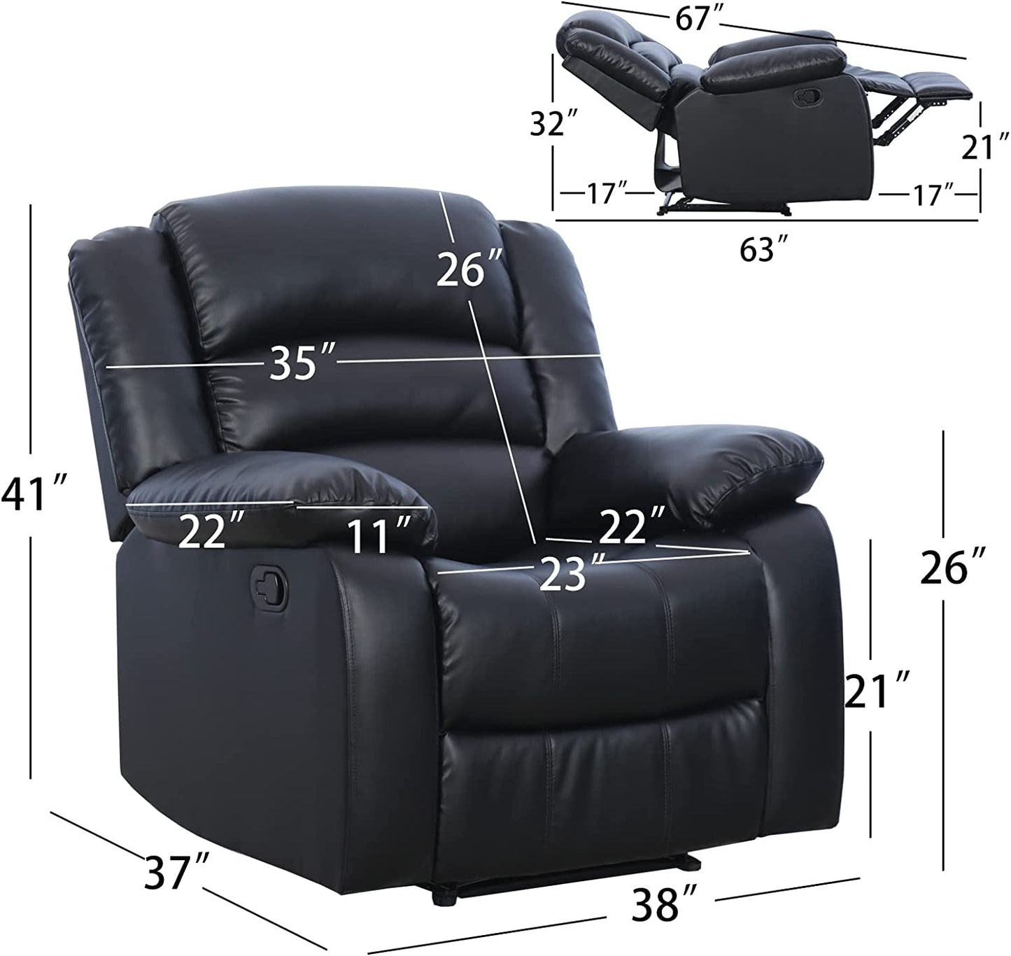 Black Recliner Chair with Overstuffed Arm and Back-2