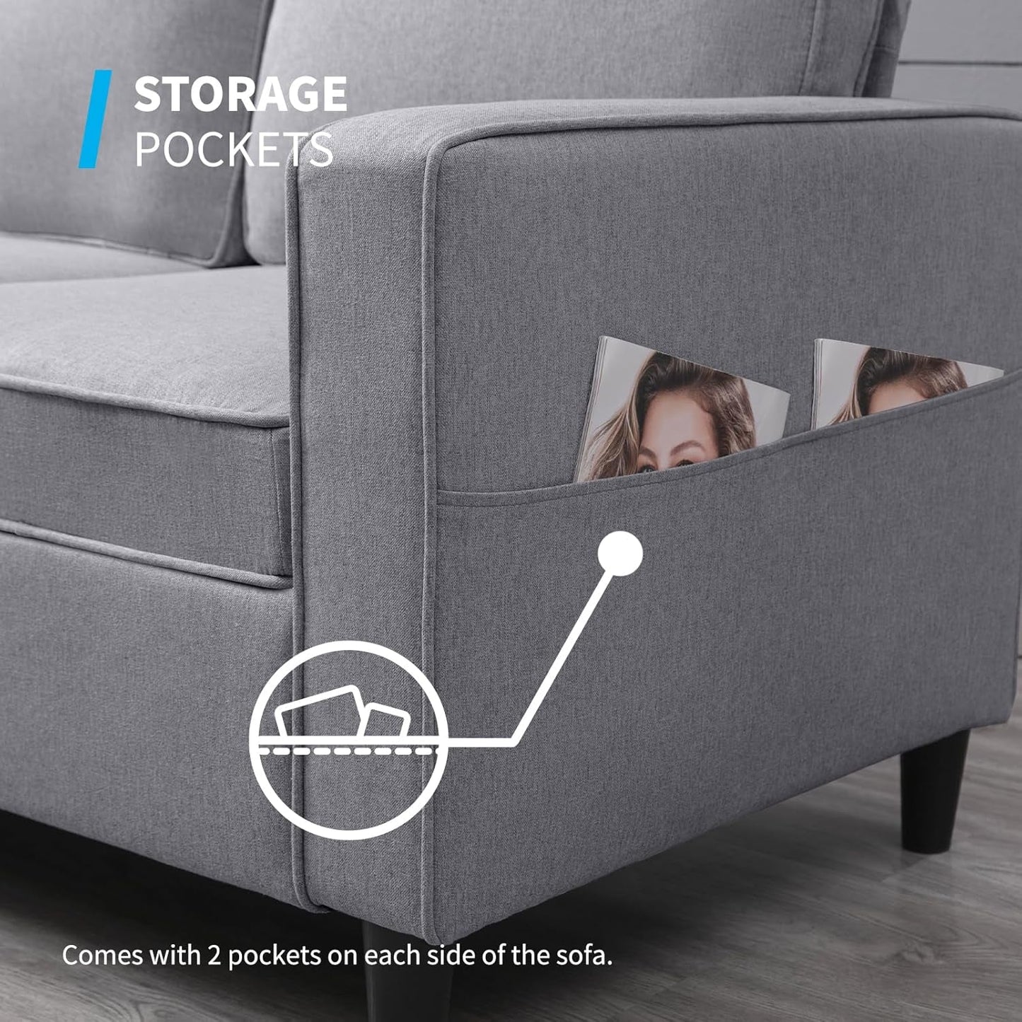 Convertible Sofa Set | Linen Upholstered Sectional Sofa with Storage Ottoman | Modern Living Room Couch with Side Pockets (Light Grey)-4