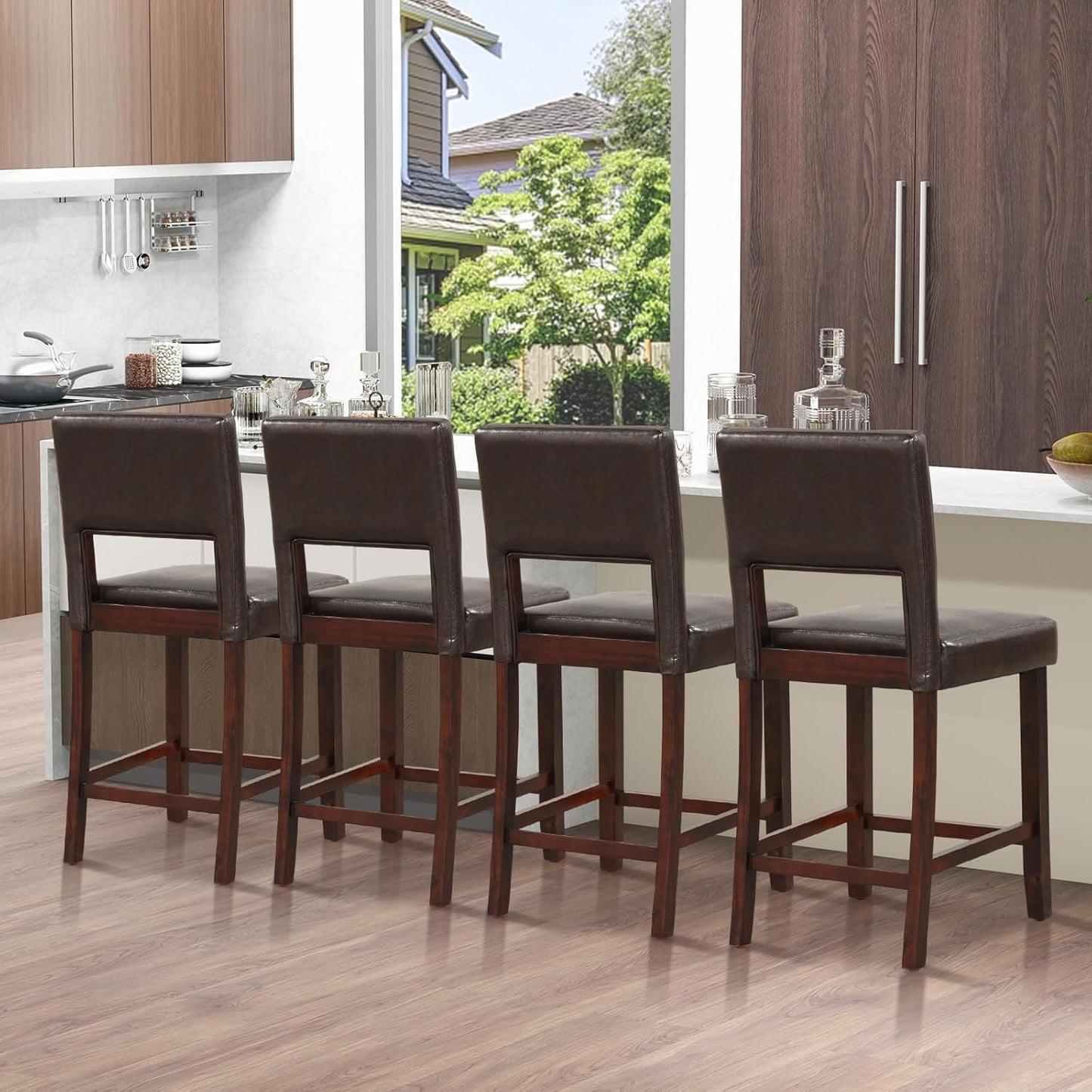 24.5" Counter Height Bar Stools Set of 2, PVC Leather Barstools with Back, Rubber Wood Legs, Max Load 400 Lbs, Modern Upholstered Bar Dining Chairs for Kitchen Island Pub, Brown-3