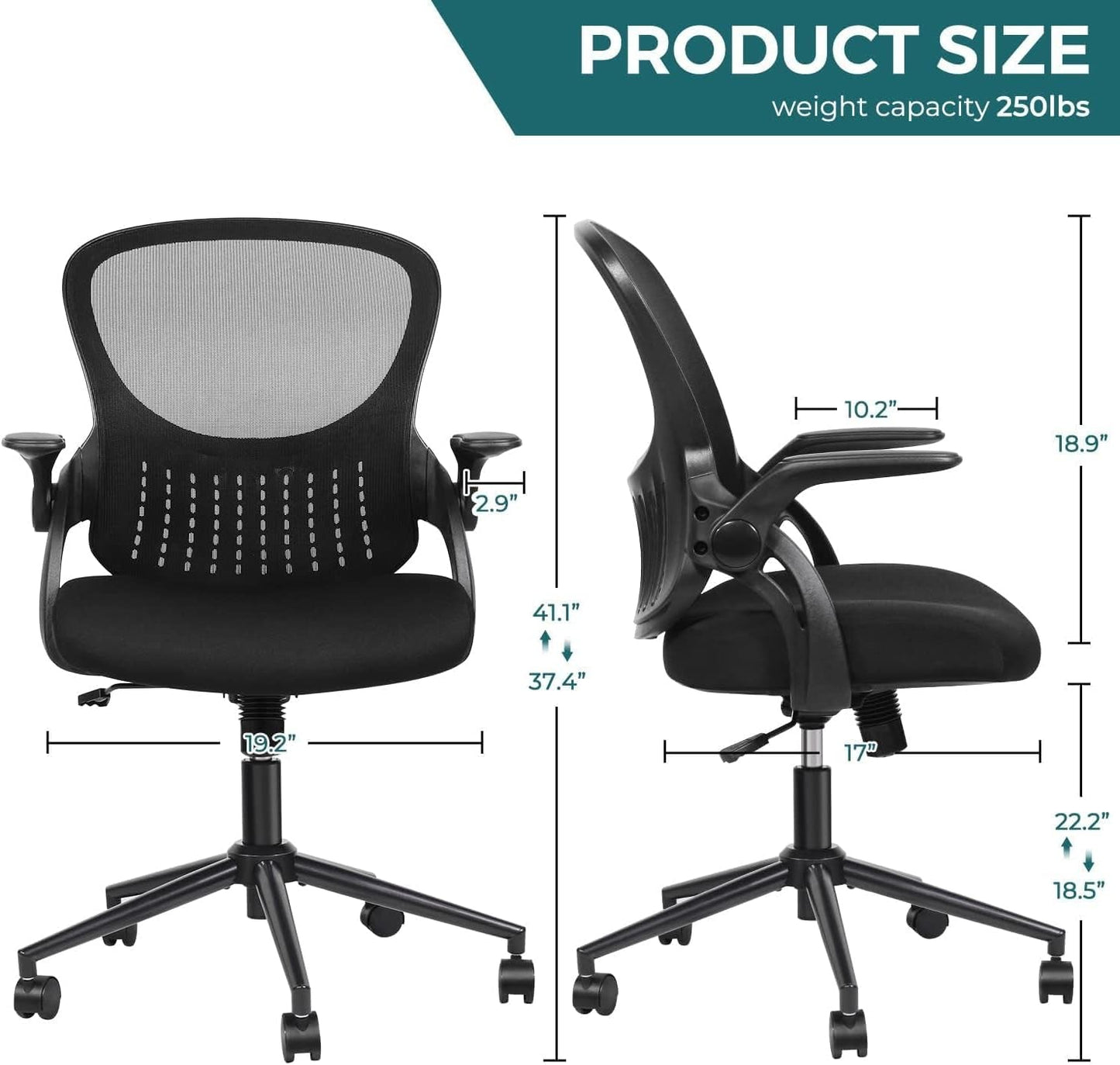 Office Computer Gaming Desk Chair, Ergonomic Mid-Back Mesh Rolling Work Swivel Chairs with Flip-Up Arms, Comfortable Lumbar Support, Comfy Arms for Home, Bedroom, Study, Student, Adults, Black-2