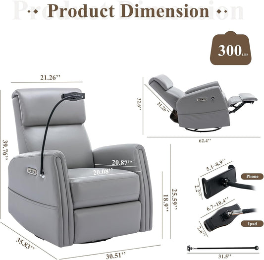 Power Recliner Chair Swivel Glider Rocker for Nursery, Upholstered Faux Leather Living Room Rocking Reclining Single Sofa Chair with 2 Device Holders, Grey-1