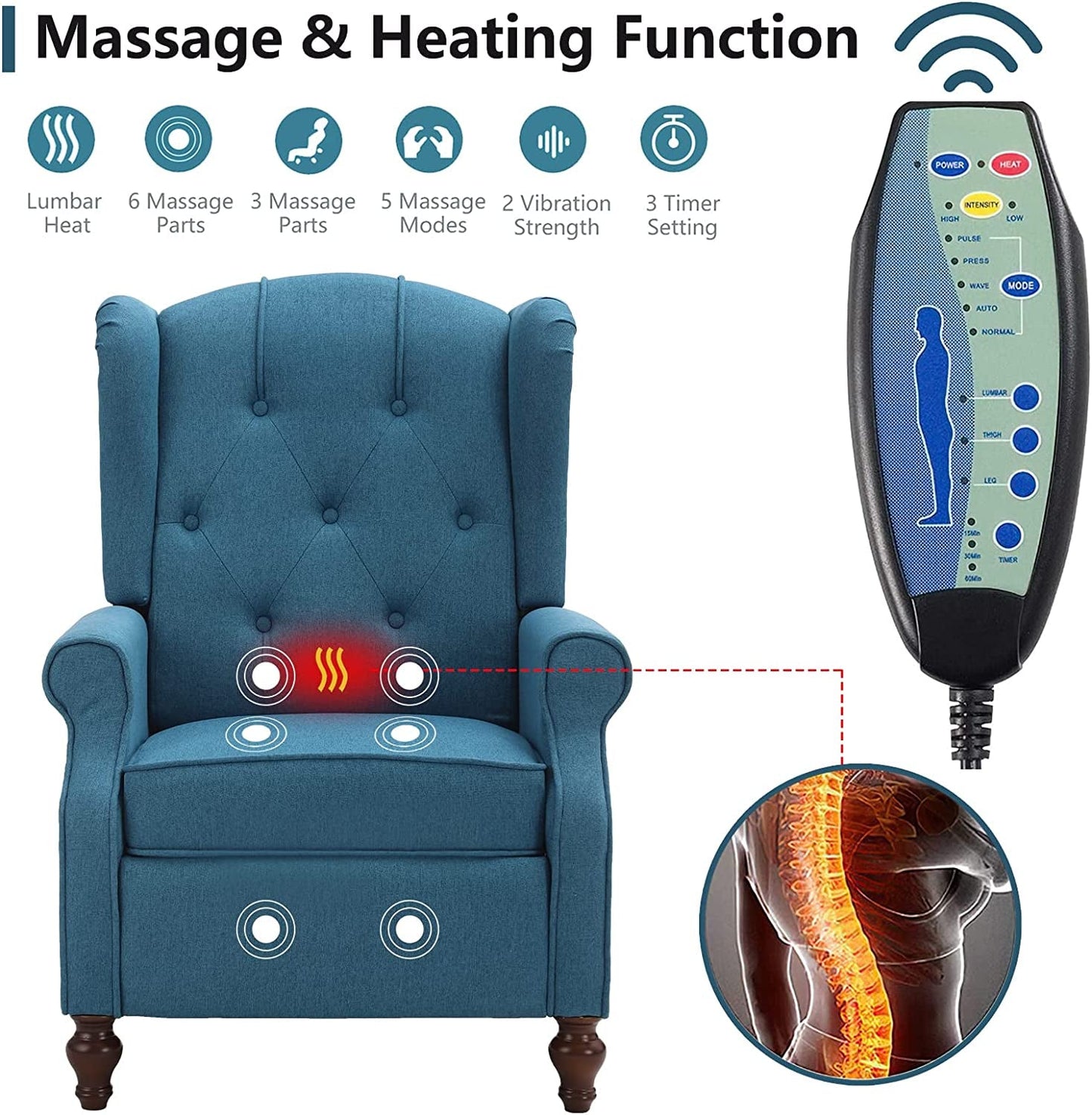 Wingback Recliner Chair with Massage and Heat (Vintage)-3