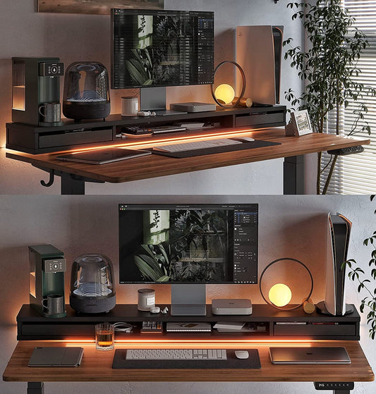 55 X 24 Inch Height Adjustable Electric Standing Desk with Double Drawers, Stand up Desk with LED Strips, Sit Stand Desk with Monitor Stand, Black Walnut-1