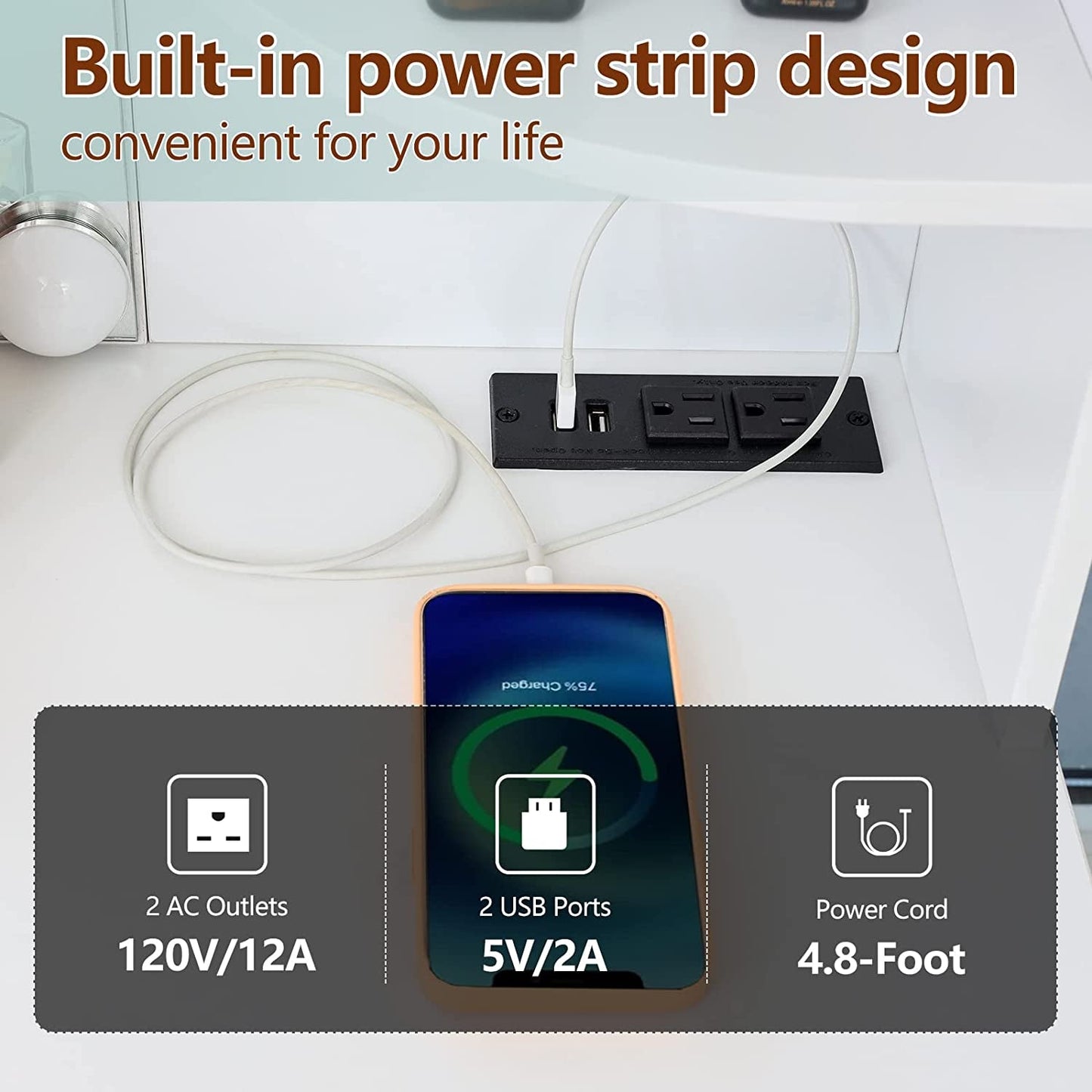 Large Vanity Set with Lighted Mirror, Charging Station (White)-4