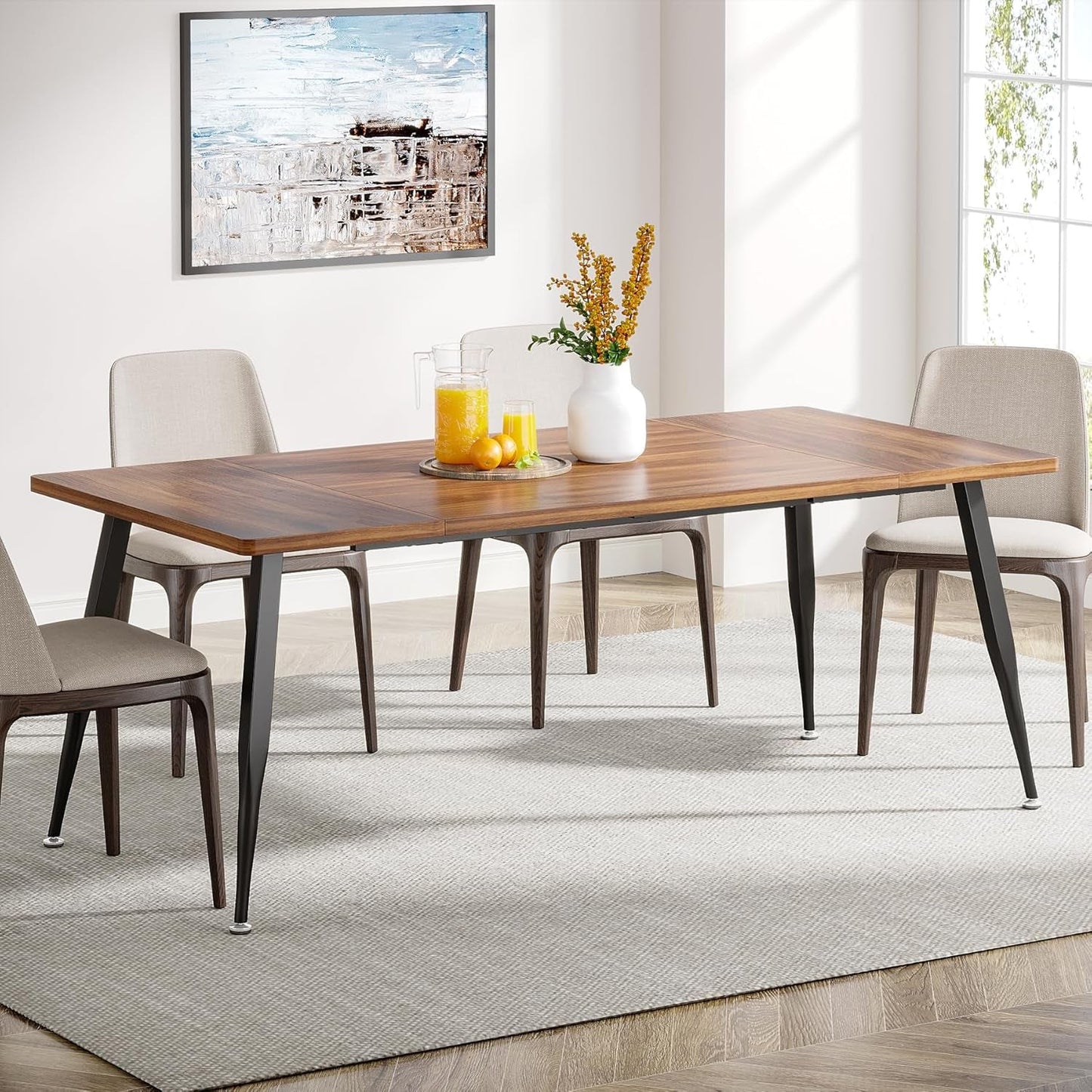 70.9 Inch Large Dining Table for 6 to 8, Industrial Kitchen Table Furniture with Metal Legs, Modern Faux Wood Rectangular Dinner Table for Dining Room, Rustic Brown/Black-0