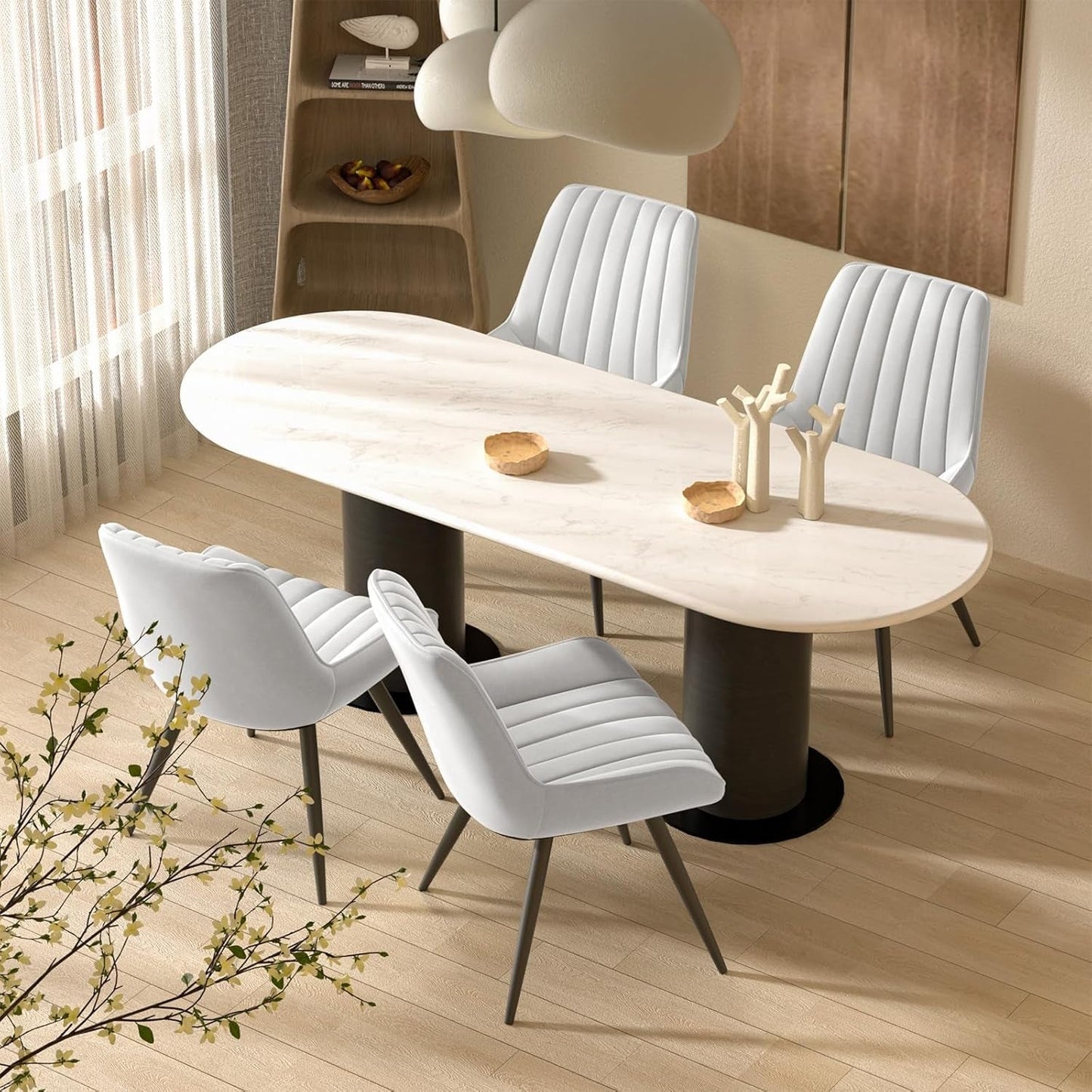 Modern Dining Chairs Set of 4, Comfy Dining Room Chairs with Thick Cushions, Upholstered Fabric Kitchen Side Chairs with Metal Legs, White-0