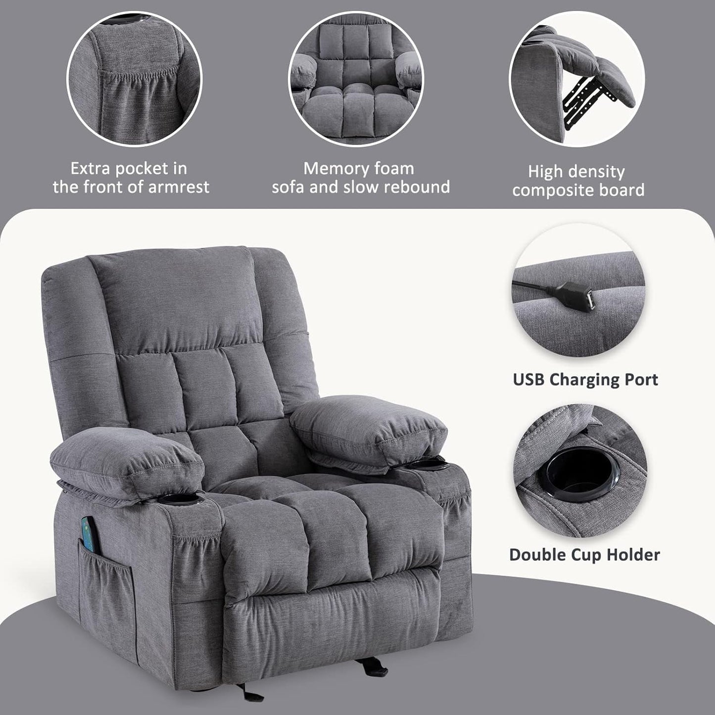Massage Rocker Recliner Chair with Vibration Massage and Heat Ergonomic Lounge Chair for Living Room with Rocking Function and Side Pocket, 2 Cup Holders, USB Charge Port-3