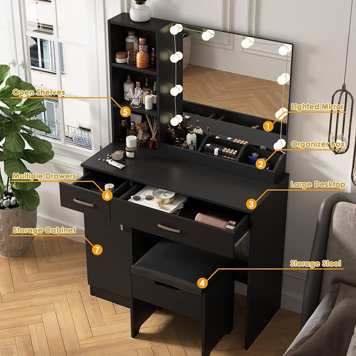 Makeup Vanity Desk with Lighted Mirror, 2 Drawers, Cabinet (Black)-2
