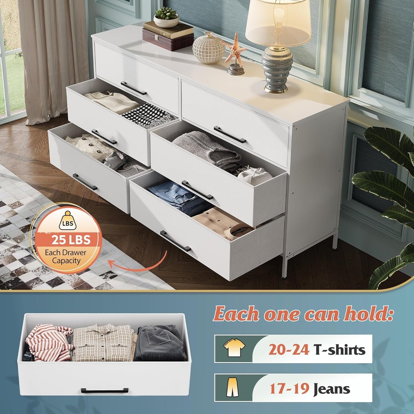 Wide Fabric Dresser, 6 Drawer Dresser TV Stand for 68" TV, Dressers Bedroom Furniture Large Storage Tower Unit with Fabric Bins, White Dresser for Bedroom, Closet, Hallway, White-4