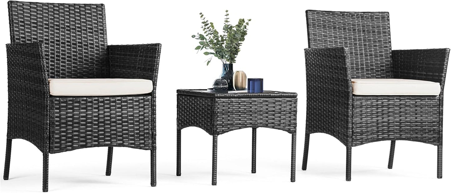 Patio Furniture Set 3 Pieces Outdoor Rattan Wicker Chairs with Soft Cushion and Glass Coffee Table, Waterproof Conversation Bistro Loveseat for Garden Backyard, Balcony, Terrace, Black-0